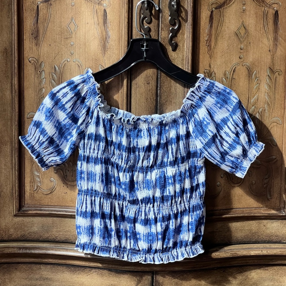 Zara Girls NWOT Blue Tie-Dye Cropped Puff Sleeve Top Sz 10/12–13/14